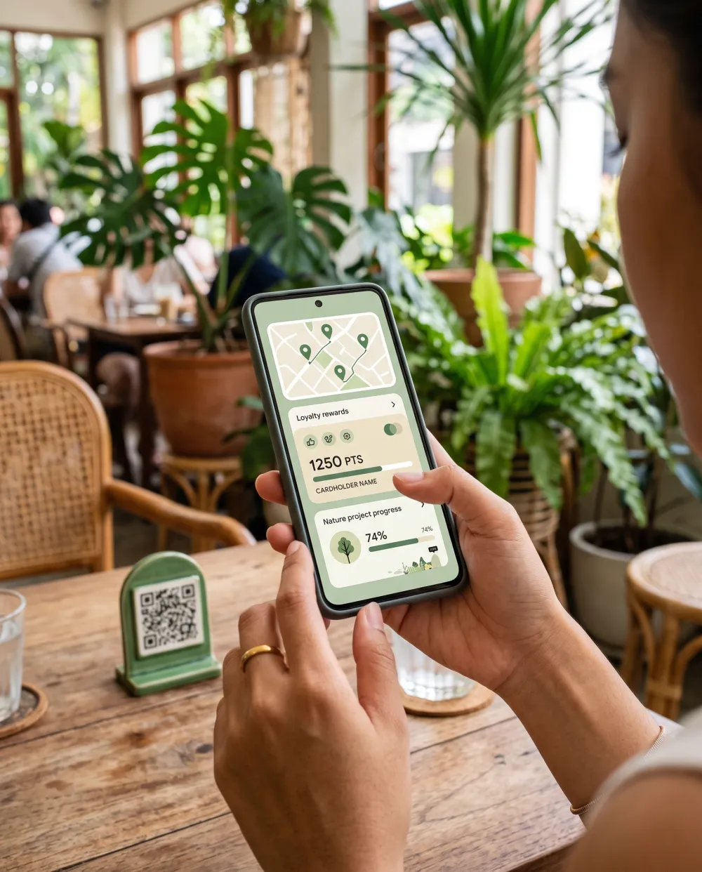 The PunDee app open in someone's hand, showing their funded nature projects, a map of green merchants nearby, and their rewards wallet.